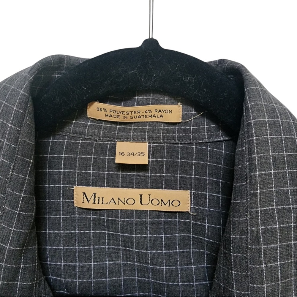 Milano Uomo Mens Button Up Shirt 16 34/35 Gray Windowpane Check Italian Style